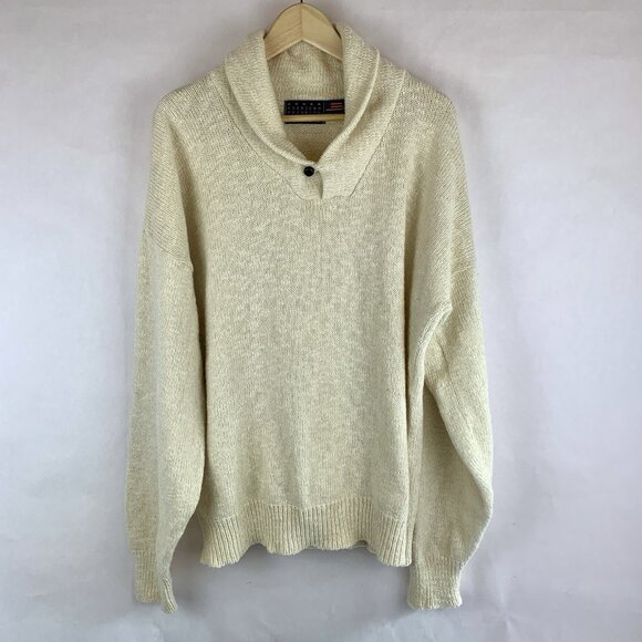 Vintage American Priority Mens Sweater Fisherman Shawl Collar Knit XL Ivory - Picture 1 of 7